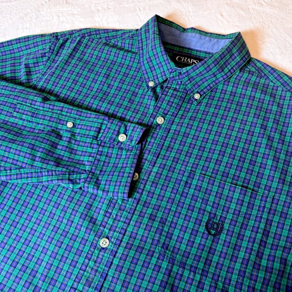 Chaps Mens Large Easy Care Long Sleeve Button Down Shirt Green Blue Plaid